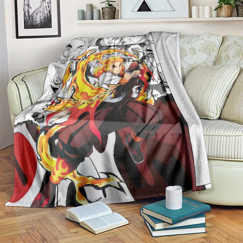 Kyojuro Rengoku Demon Slayer Flame Hashira Design Blanket with Manga Panels and Fiery Sword Artwork - The Mazicc