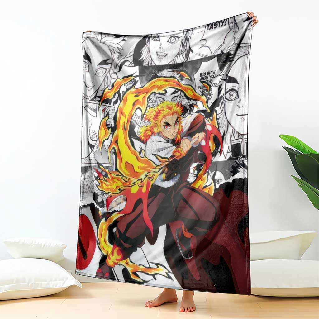 Kyojuro Rengoku Demon Slayer Flame Hashira Design Blanket with Manga Panels and Fiery Sword Artwork - The Mazicc