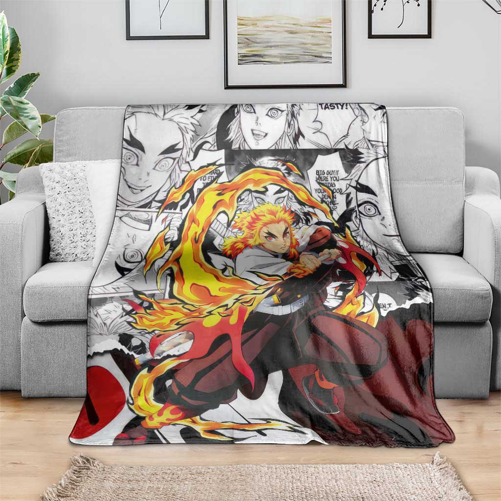 Kyojuro Rengoku Demon Slayer Flame Hashira Design Blanket with Manga Panels and Fiery Sword Artwork - The Mazicc
