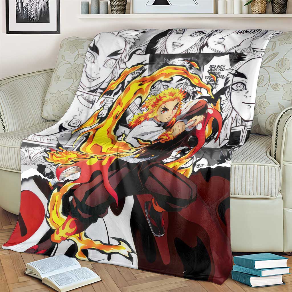 Kyojuro Rengoku Demon Slayer Flame Hashira Design Blanket with Manga Panels and Fiery Sword Artwork - The Mazicc