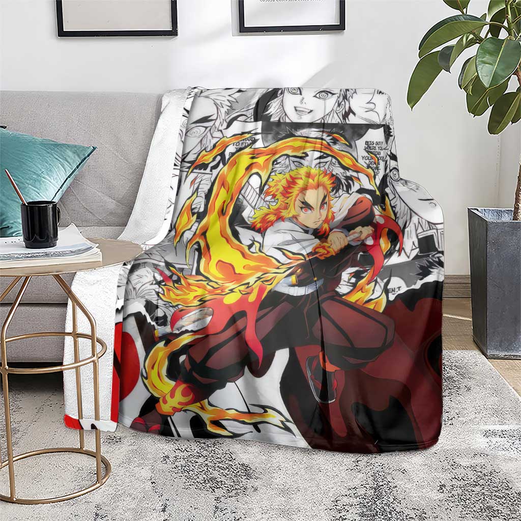 Kyojuro Rengoku Demon Slayer Flame Hashira Design Blanket with Manga Panels and Fiery Sword Artwork - The Mazicc