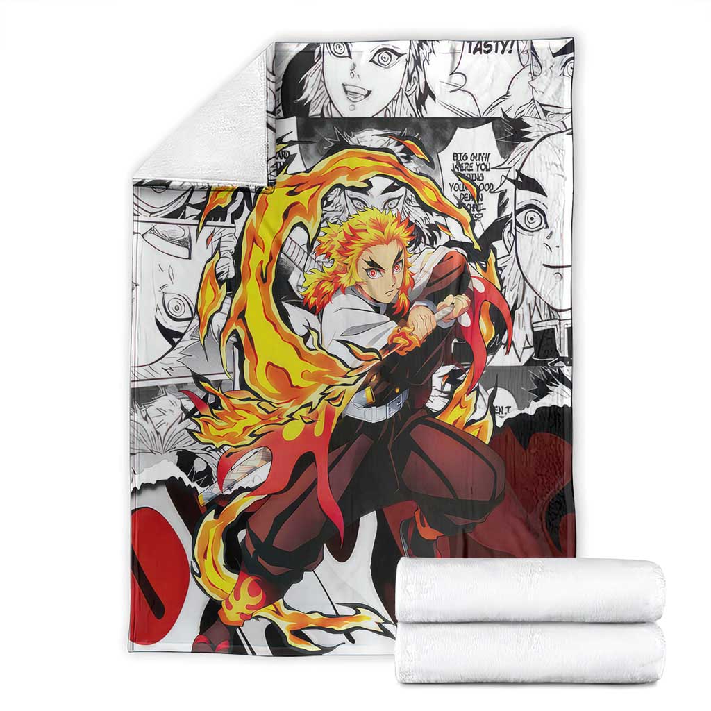 Kyojuro Rengoku Demon Slayer Flame Hashira Design Blanket with Manga Panels and Fiery Sword Artwork - The Mazicc
