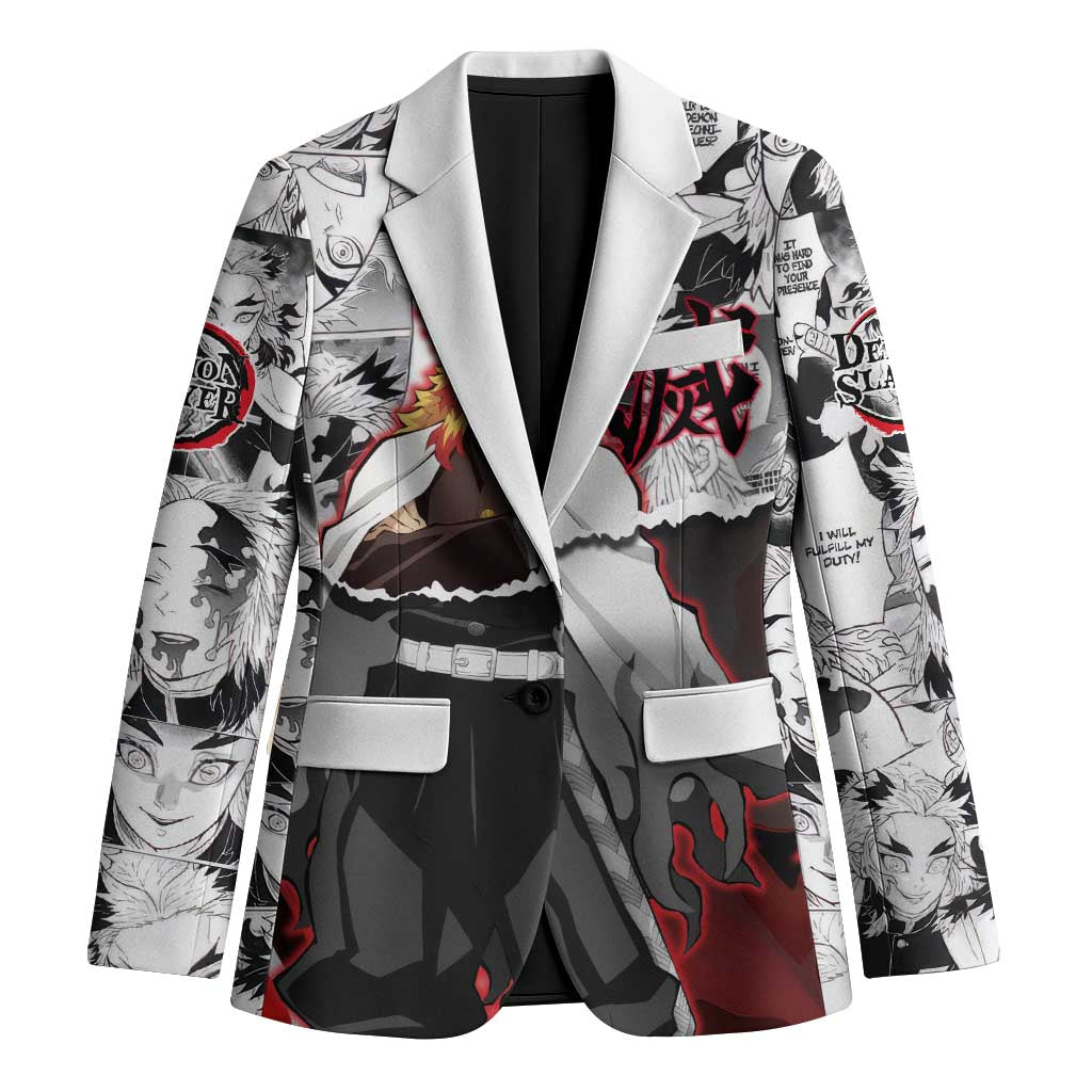 Kyojuro Rengoku Demon Slayer Flame Hashira Design Blazer with Manga Panels and Fiery Sword Artwork - The Mazicc
