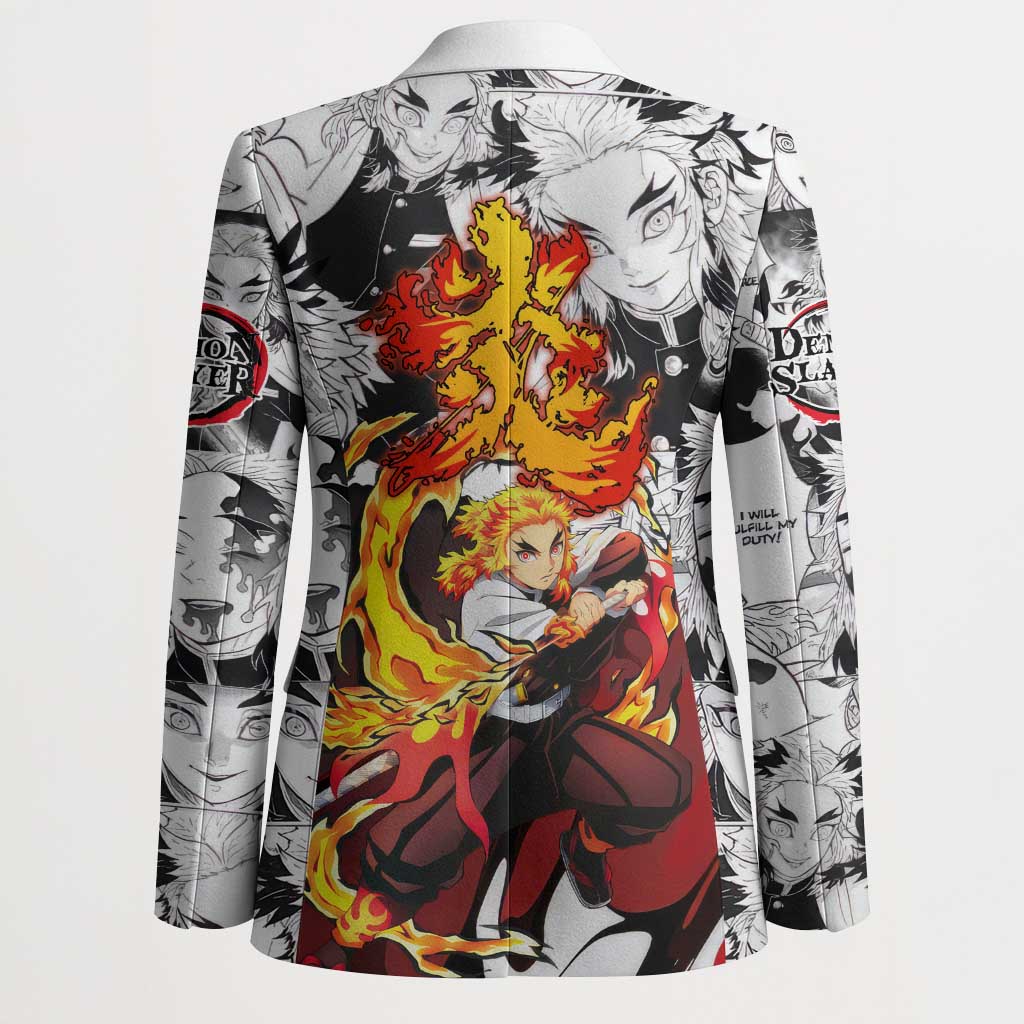 Kyojuro Rengoku Demon Slayer Flame Hashira Design Blazer with Manga Panels and Fiery Sword Artwork - The Mazicc