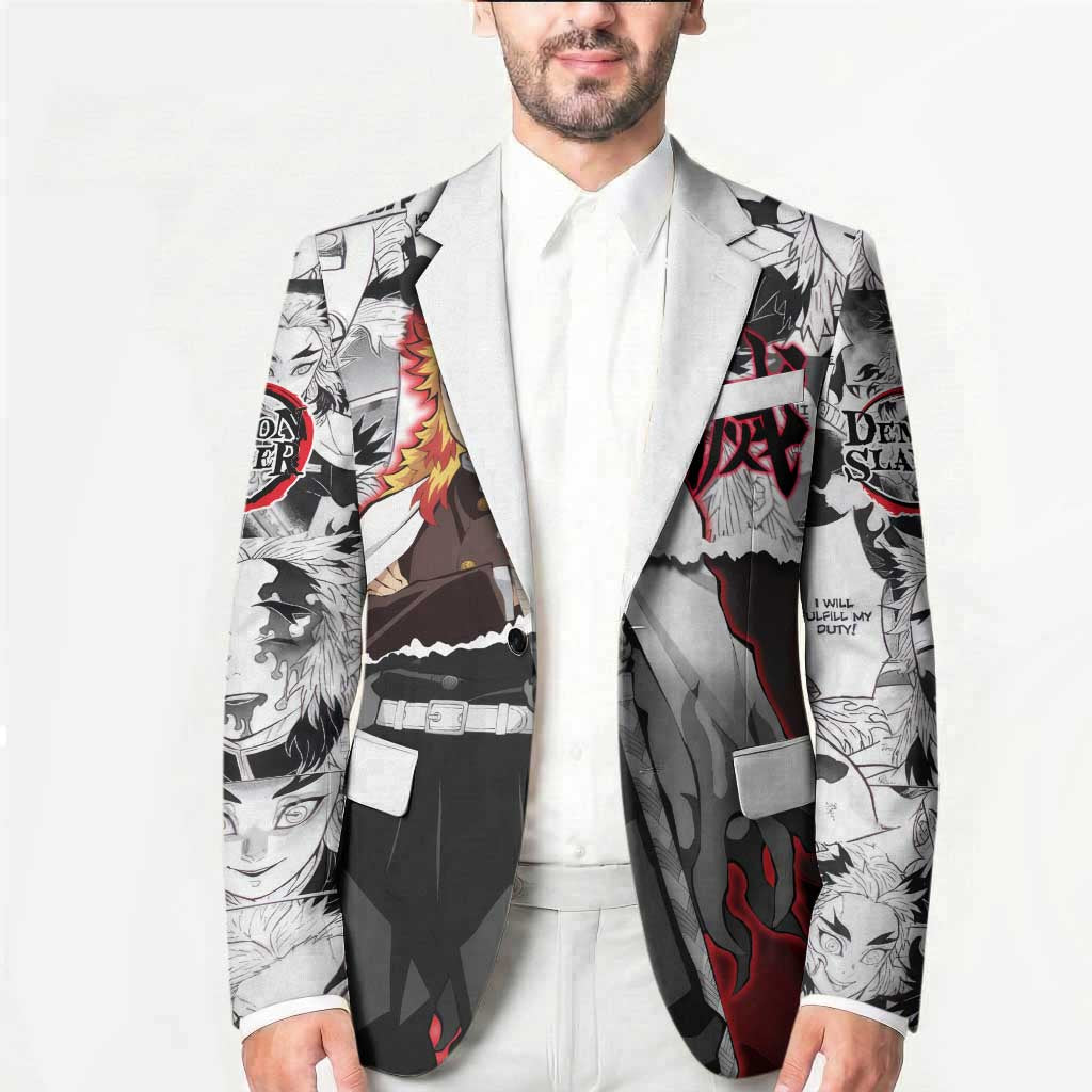 Kyojuro Rengoku Demon Slayer Flame Hashira Design Blazer with Manga Panels and Fiery Sword Artwork - The Mazicc