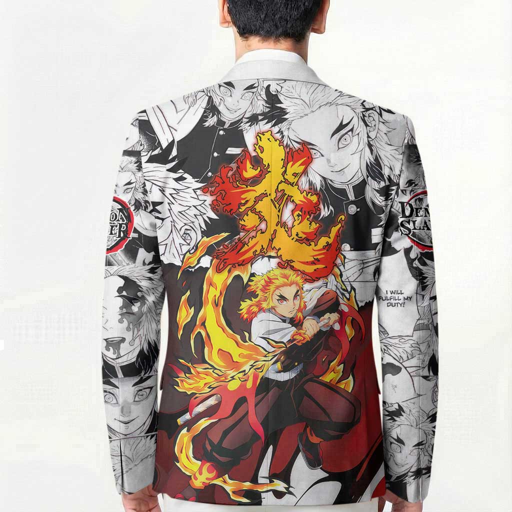 Kyojuro Rengoku Demon Slayer Flame Hashira Design Blazer with Manga Panels and Fiery Sword Artwork - The Mazicc