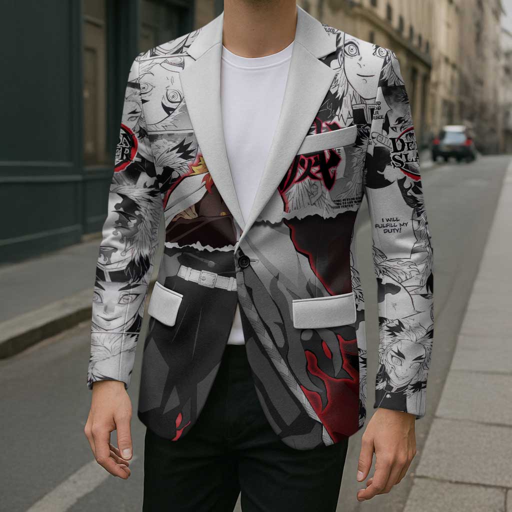 Kyojuro Rengoku Demon Slayer Flame Hashira Design Blazer with Manga Panels and Fiery Sword Artwork - The Mazicc