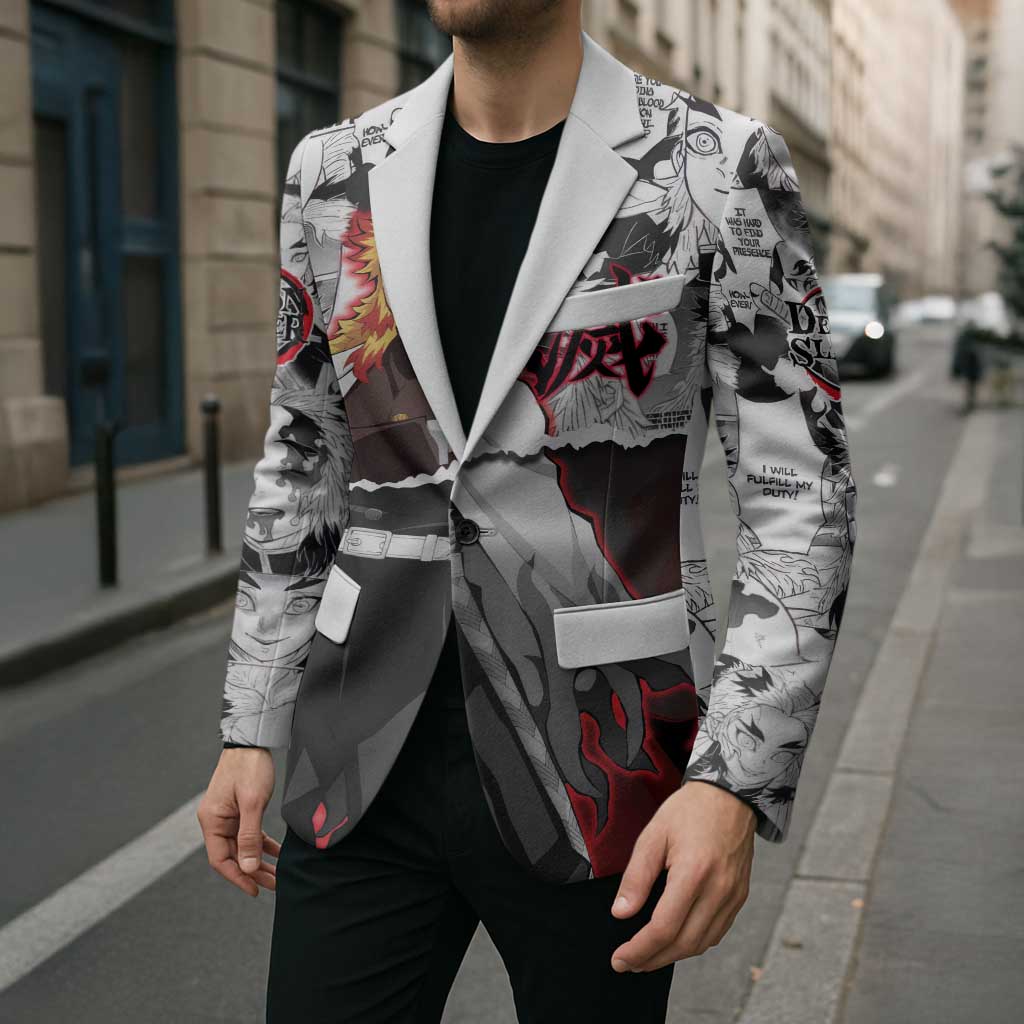 Kyojuro Rengoku Demon Slayer Flame Hashira Design Blazer with Manga Panels and Fiery Sword Artwork - The Mazicc