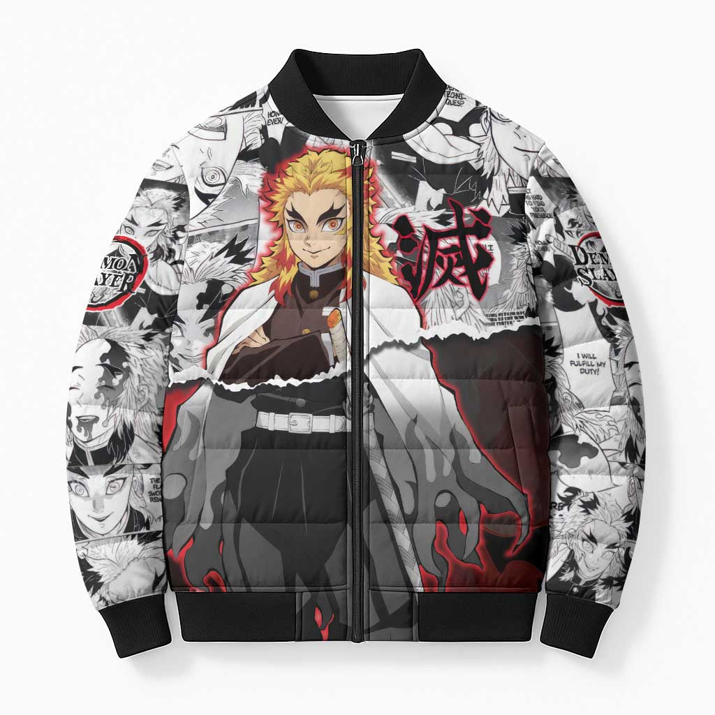 Kyojuro Rengoku Demon Slayer Flame Hashira Design Bomber Puffer Jacket with Manga Panels and Fiery Sword Artwork - The Mazicc