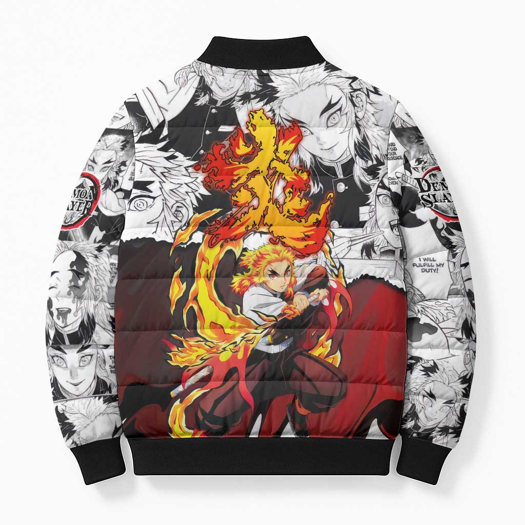 Kyojuro Rengoku Demon Slayer Flame Hashira Design Bomber Puffer Jacket with Manga Panels and Fiery Sword Artwork - The Mazicc