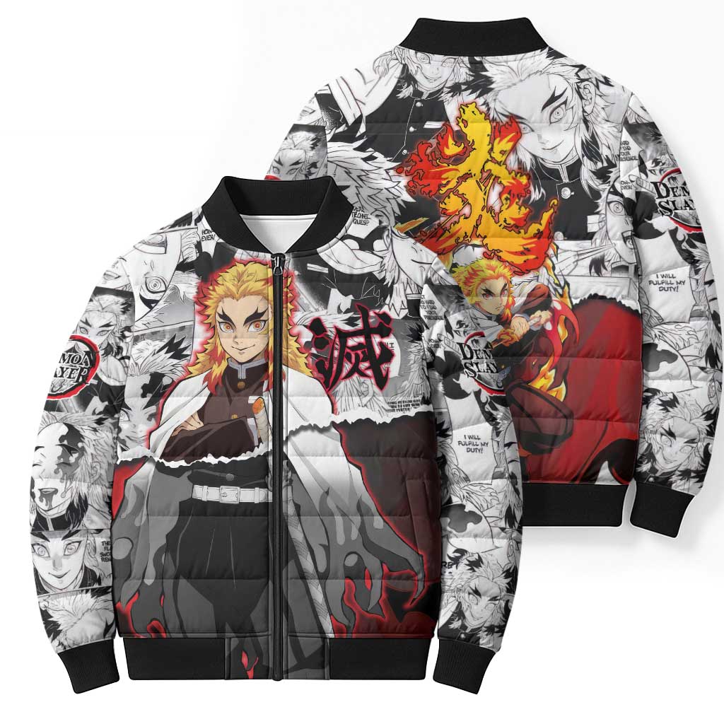 Kyojuro Rengoku Demon Slayer Flame Hashira Design Bomber Puffer Jacket with Manga Panels and Fiery Sword Artwork - The Mazicc