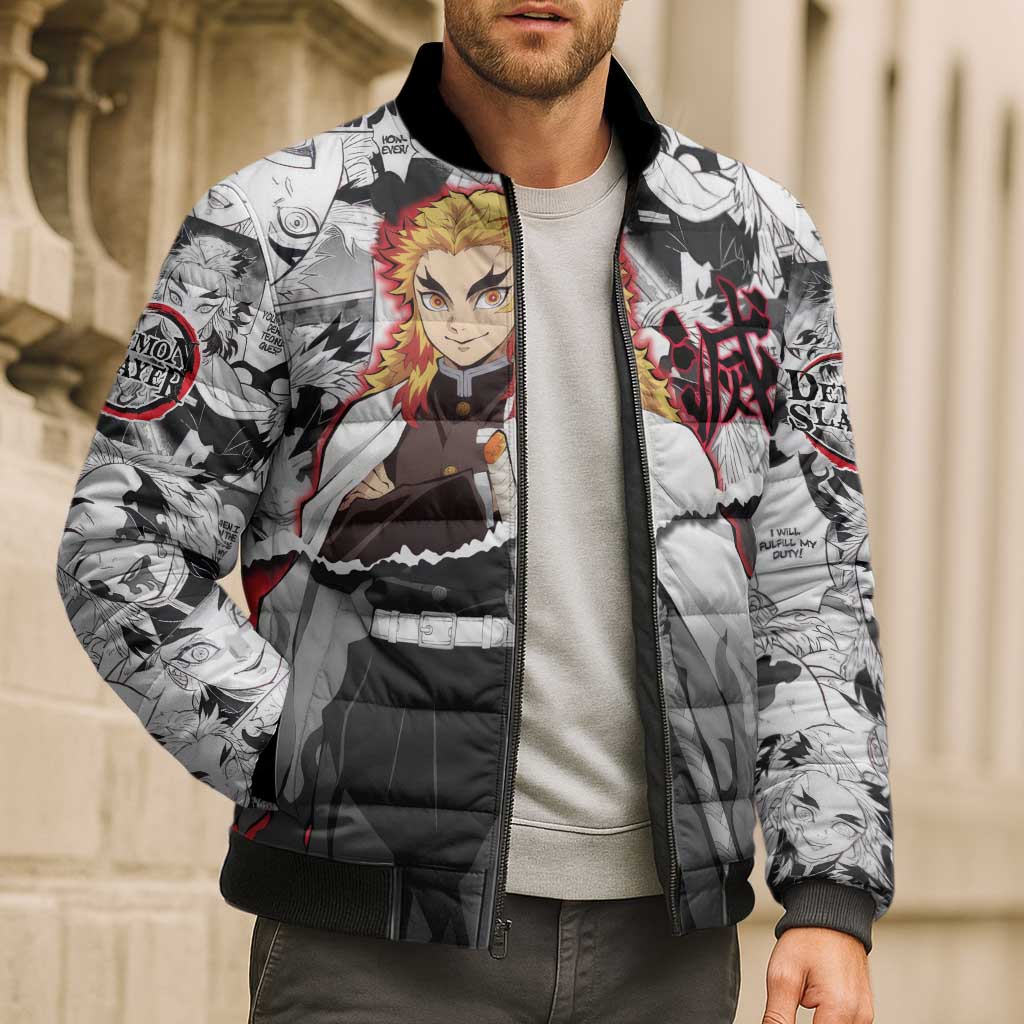 Kyojuro Rengoku Demon Slayer Flame Hashira Design Bomber Puffer Jacket with Manga Panels and Fiery Sword Artwork - The Mazicc