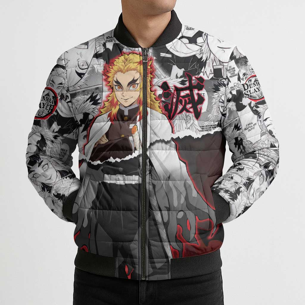 Kyojuro Rengoku Demon Slayer Flame Hashira Design Bomber Puffer Jacket with Manga Panels and Fiery Sword Artwork - The Mazicc