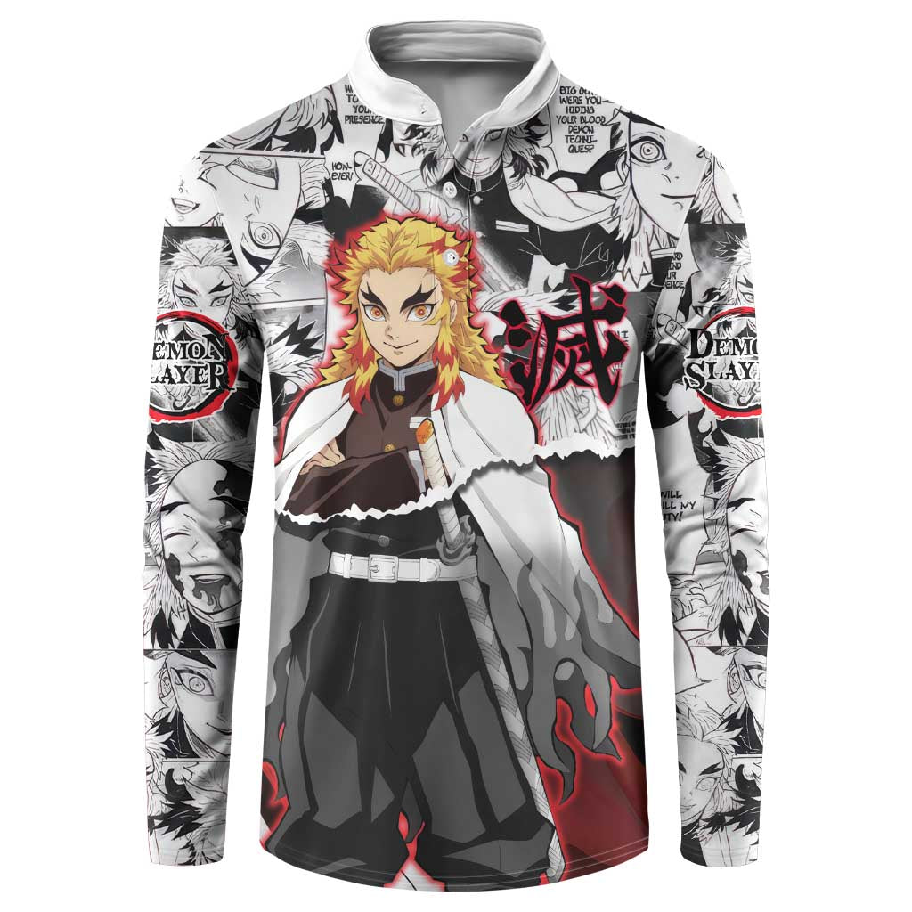 Kyojuro Rengoku Demon Slayer Flame Hashira Design Button Sweatshirt with Manga Panels and Fiery Sword Artwork - The Mazicc