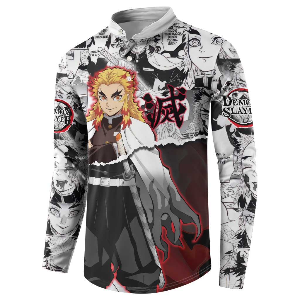 Kyojuro Rengoku Demon Slayer Flame Hashira Design Button Sweatshirt with Manga Panels and Fiery Sword Artwork - The Mazicc