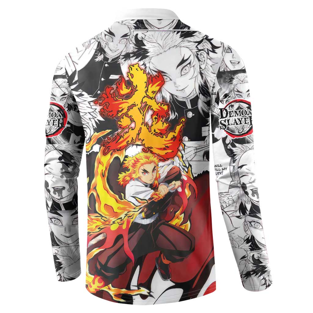 Kyojuro Rengoku Demon Slayer Flame Hashira Design Button Sweatshirt with Manga Panels and Fiery Sword Artwork - The Mazicc