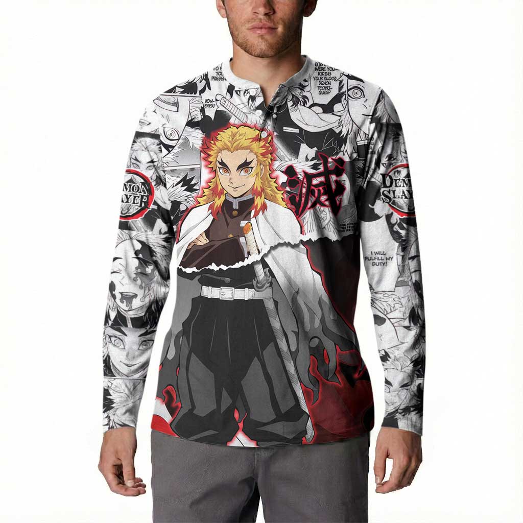 Kyojuro Rengoku Demon Slayer Flame Hashira Design Button Sweatshirt with Manga Panels and Fiery Sword Artwork - The Mazicc
