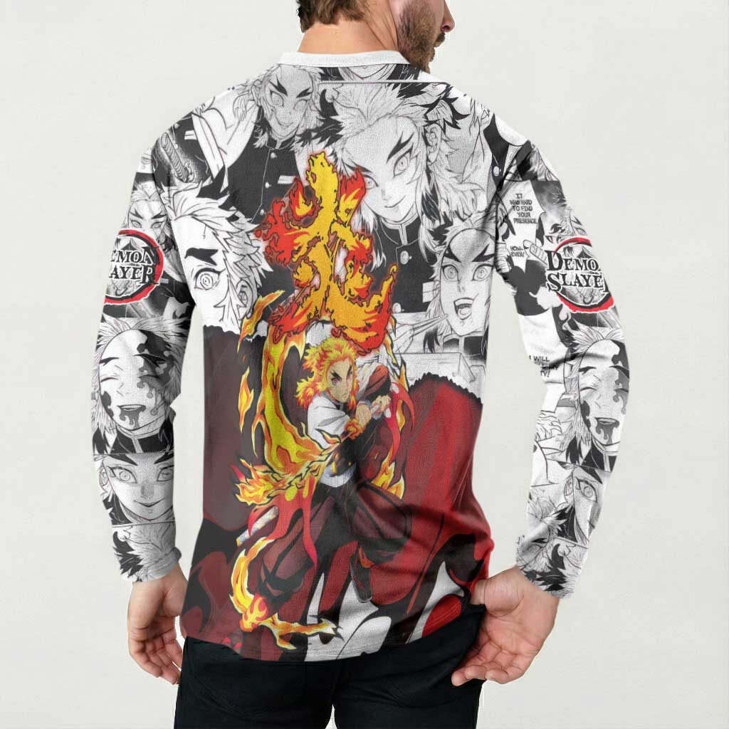 Kyojuro Rengoku Demon Slayer Flame Hashira Design Button Sweatshirt with Manga Panels and Fiery Sword Artwork - The Mazicc