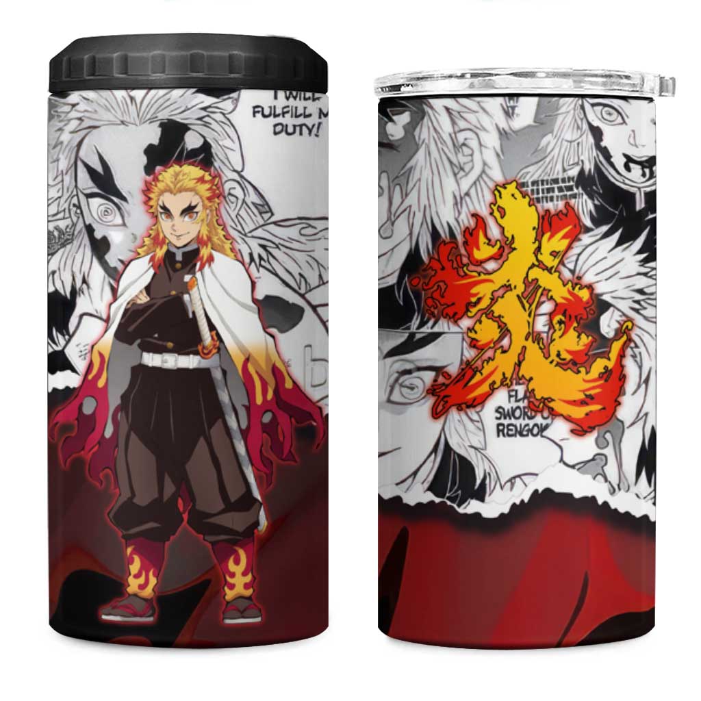 Kyojuro Rengoku Demon Slayer Flame Hashira Design 4 in 1 Can Cooler Tumbler with Manga Panels and Fiery Sword Artwork - The Mazicc