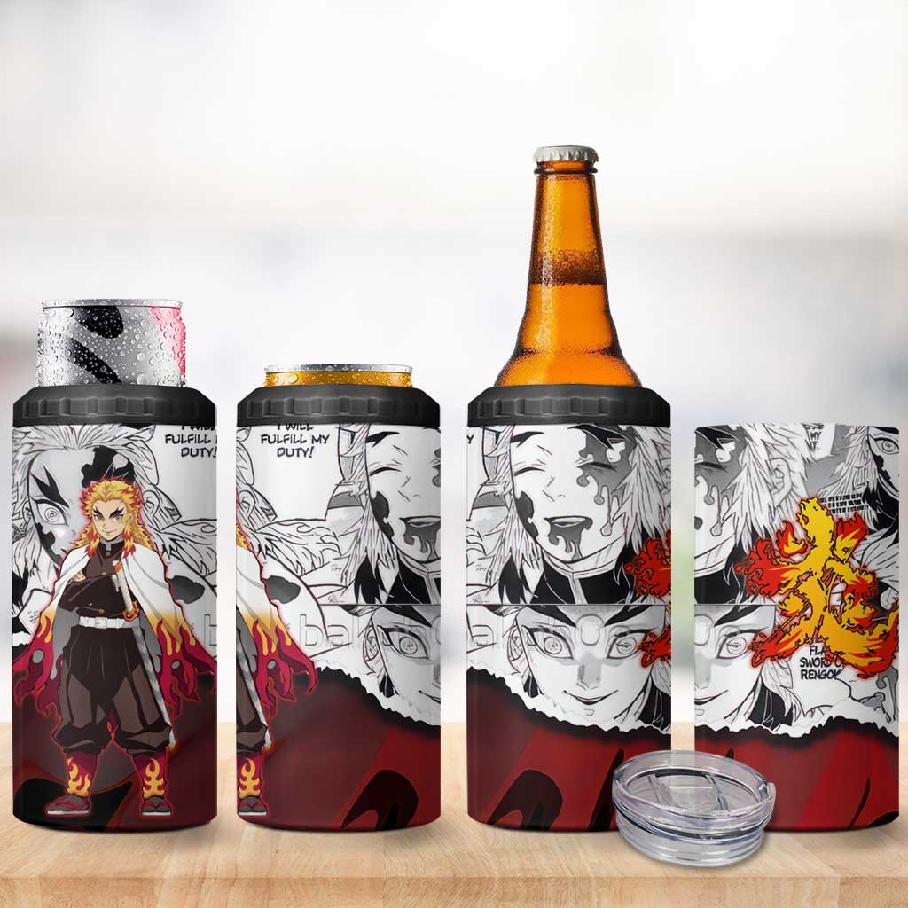 Kyojuro Rengoku Demon Slayer Flame Hashira Design 4 in 1 Can Cooler Tumbler with Manga Panels and Fiery Sword Artwork - The Mazicc