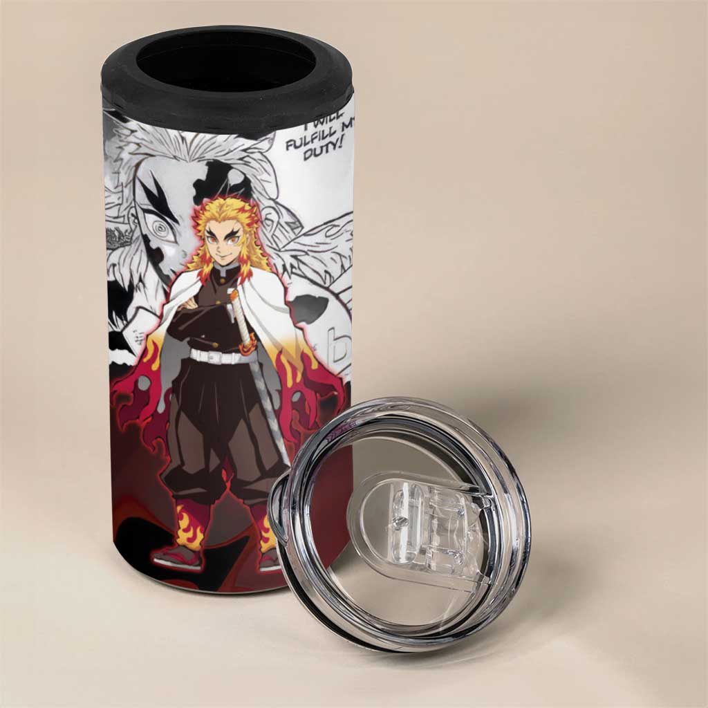 Kyojuro Rengoku Demon Slayer Flame Hashira Design 4 in 1 Can Cooler Tumbler with Manga Panels and Fiery Sword Artwork - The Mazicc