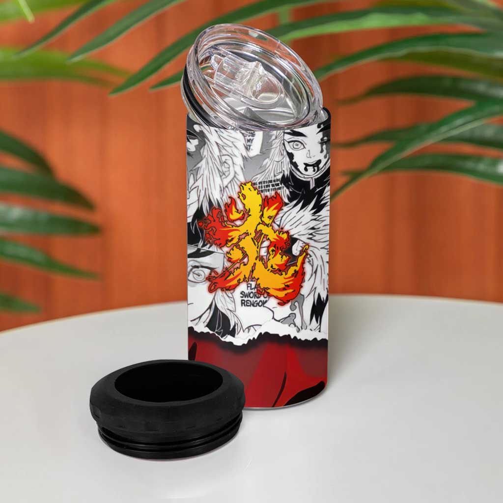 Kyojuro Rengoku Demon Slayer Flame Hashira Design 4 in 1 Can Cooler Tumbler with Manga Panels and Fiery Sword Artwork - The Mazicc