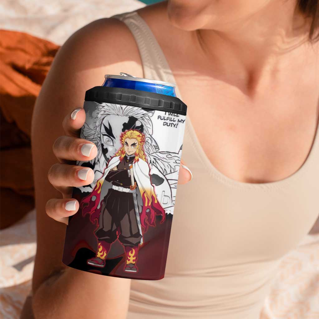 Kyojuro Rengoku Demon Slayer Flame Hashira Design 4 in 1 Can Cooler Tumbler with Manga Panels and Fiery Sword Artwork - The Mazicc