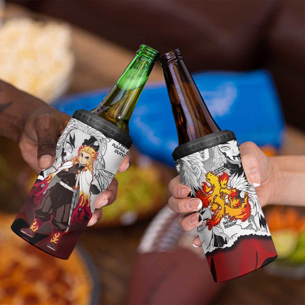 Kyojuro Rengoku Demon Slayer Flame Hashira Design 4 in 1 Can Cooler Tumbler with Manga Panels and Fiery Sword Artwork - The Mazicc