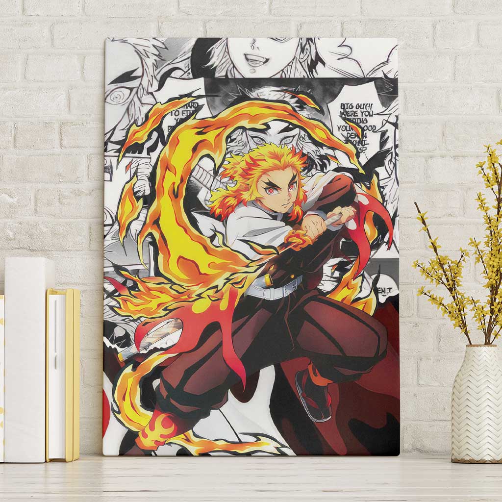 Kyojuro Rengoku Demon Slayer Flame Hashira Design Canvas Wall Art with Manga Panels and Fiery Sword Artwork - The Mazicc