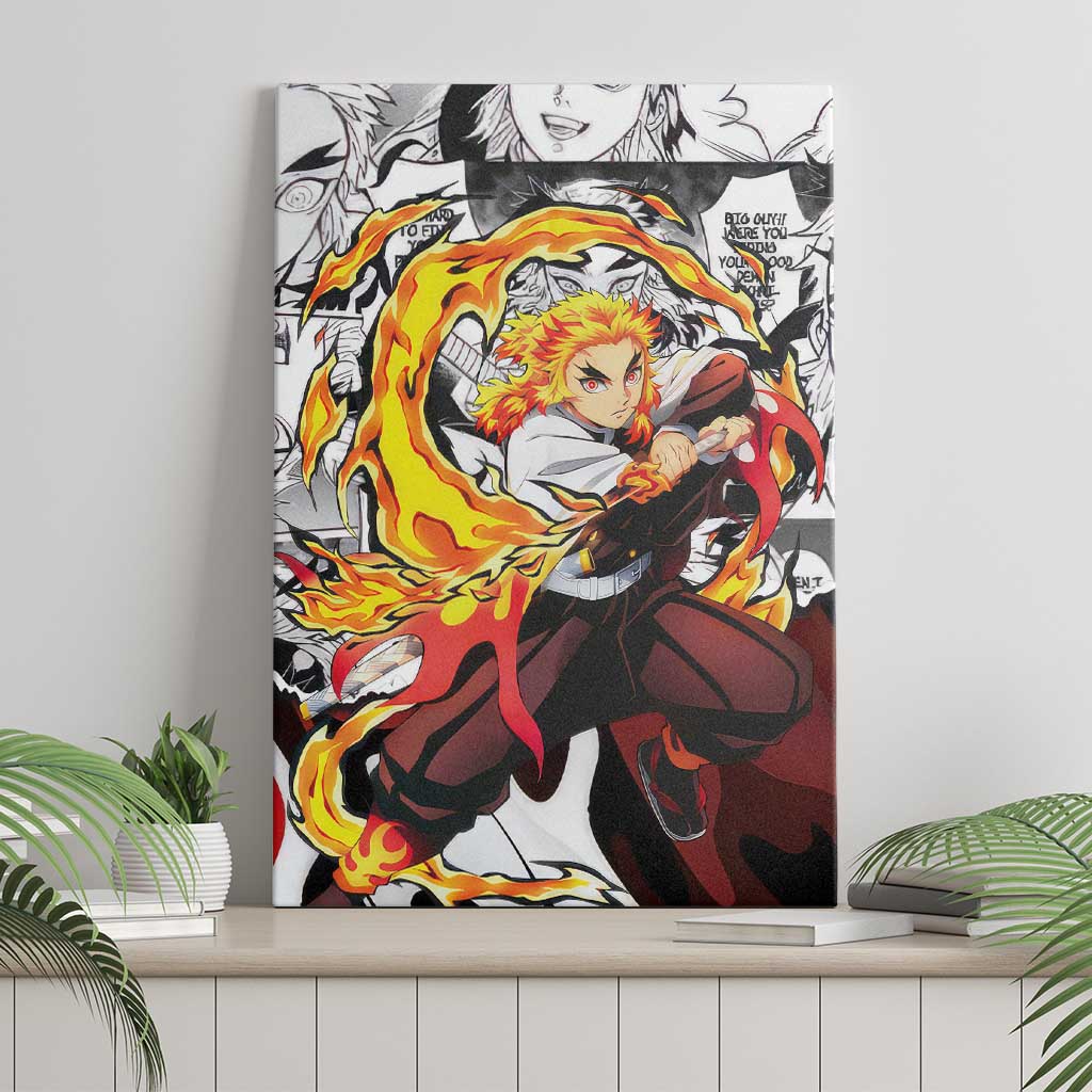 Kyojuro Rengoku Demon Slayer Flame Hashira Design Canvas Wall Art with Manga Panels and Fiery Sword Artwork - The Mazicc