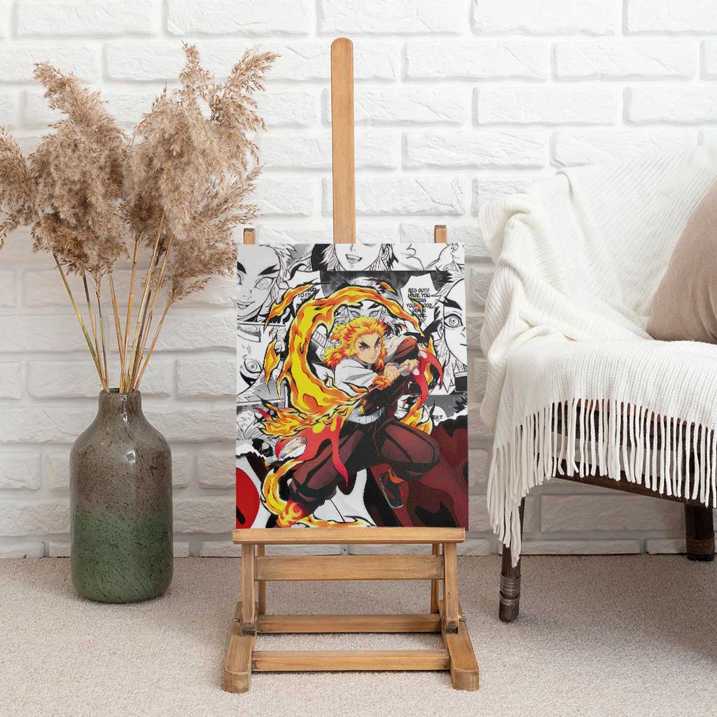 Kyojuro Rengoku Demon Slayer Flame Hashira Design Canvas Wall Art with Manga Panels and Fiery Sword Artwork - The Mazicc