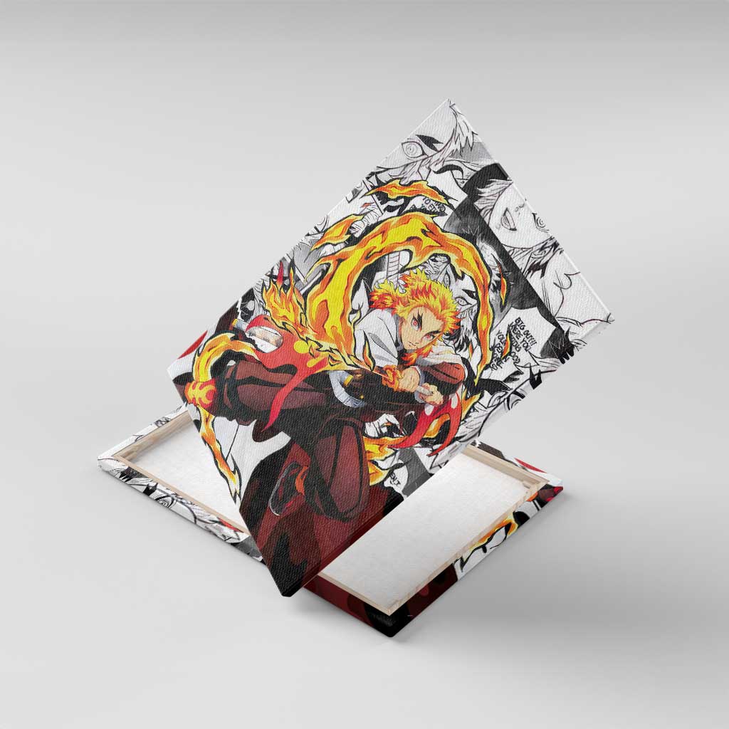 Kyojuro Rengoku Demon Slayer Flame Hashira Design Canvas Wall Art with Manga Panels and Fiery Sword Artwork - The Mazicc