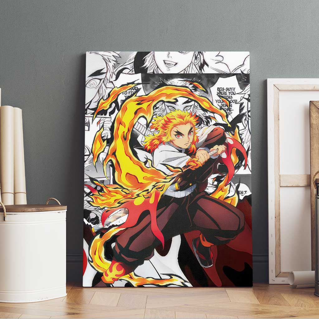 Kyojuro Rengoku Demon Slayer Flame Hashira Design Canvas Wall Art with Manga Panels and Fiery Sword Artwork - The Mazicc