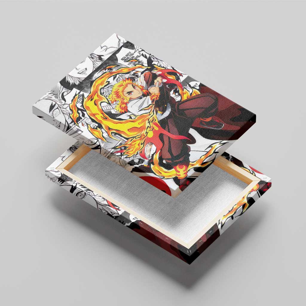 Kyojuro Rengoku Demon Slayer Flame Hashira Design Canvas Wall Art with Manga Panels and Fiery Sword Artwork - The Mazicc