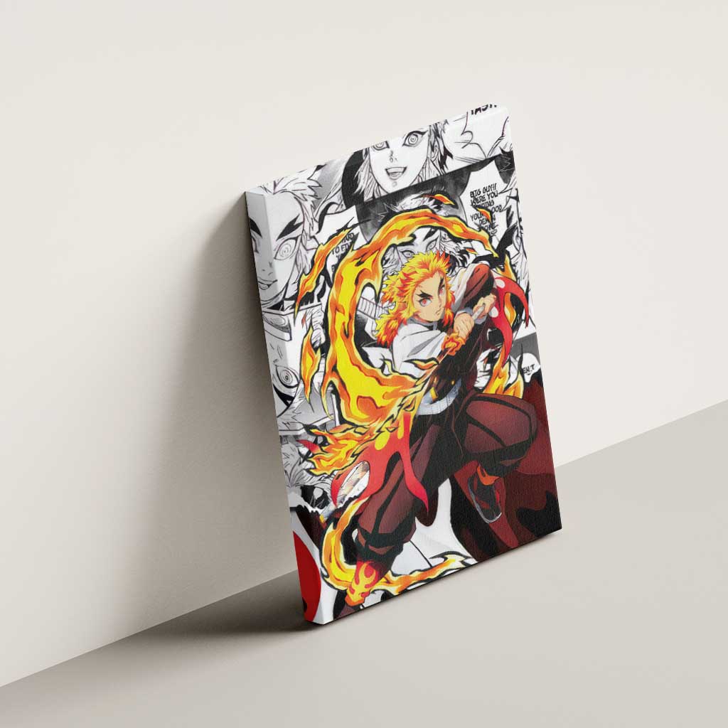 Kyojuro Rengoku Demon Slayer Flame Hashira Design Canvas Wall Art with Manga Panels and Fiery Sword Artwork - The Mazicc