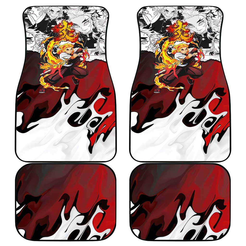 Kyojuro Rengoku Demon Slayer Flame Hashira Design Car Mats with Manga Panels and Fiery Sword Artwork - The Mazicc