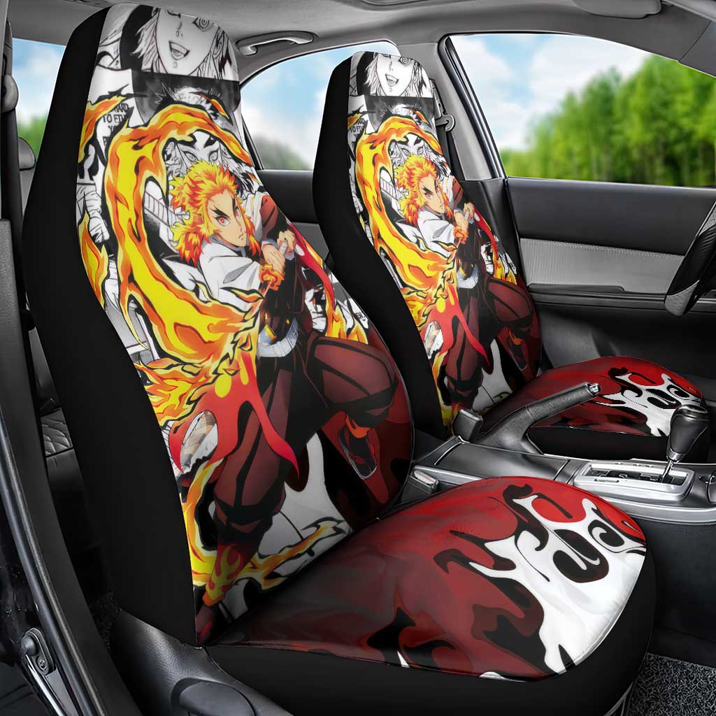 Kyojuro Rengoku Demon Slayer Flame Hashira Design Car Seat Cover with Manga Panels and Fiery Sword Artwork - The Mazicc
