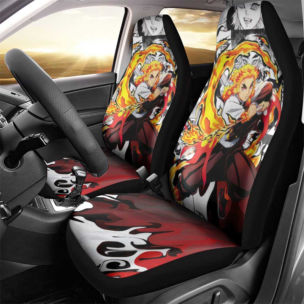 Kyojuro Rengoku Demon Slayer Flame Hashira Design Car Seat Cover with Manga Panels and Fiery Sword Artwork - The Mazicc