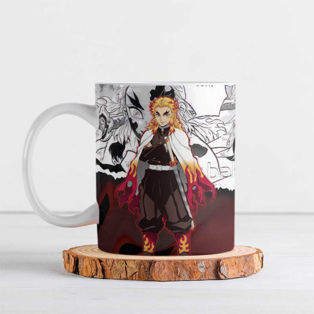 Kyojuro Rengoku Demon Slayer Flame Hashira Design Ceramic Mug with Manga Panels and Fiery Sword Artwork - The Mazicc