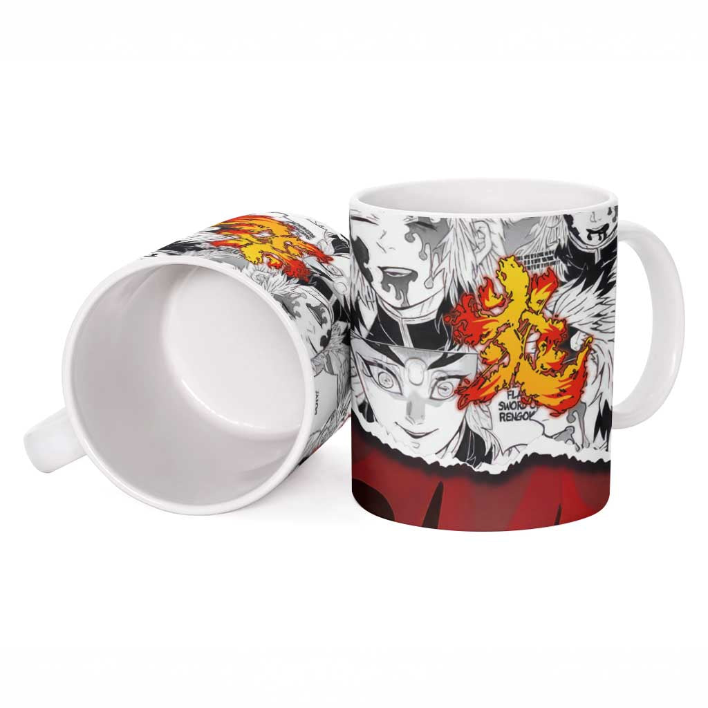 Kyojuro Rengoku Demon Slayer Flame Hashira Design Ceramic Mug with Manga Panels and Fiery Sword Artwork - The Mazicc