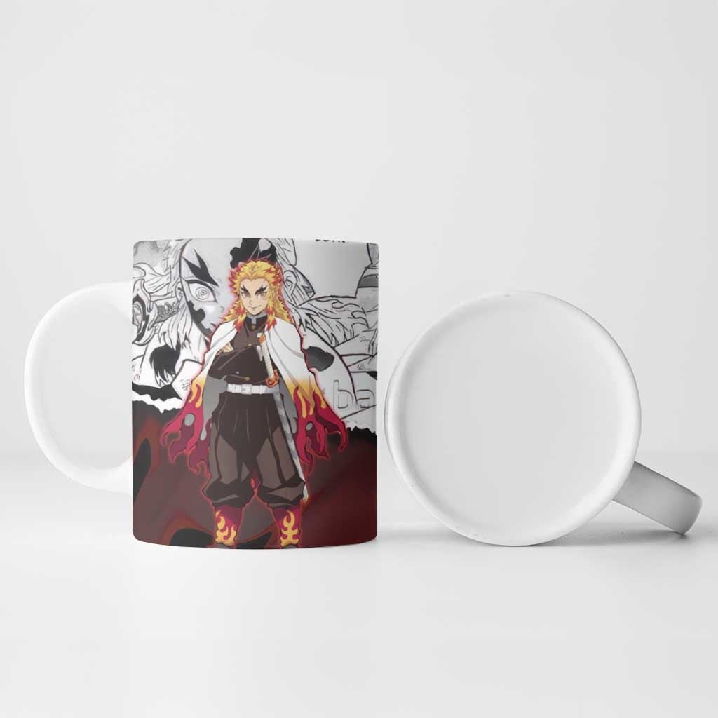 Kyojuro Rengoku Demon Slayer Flame Hashira Design Ceramic Mug with Manga Panels and Fiery Sword Artwork - The Mazicc