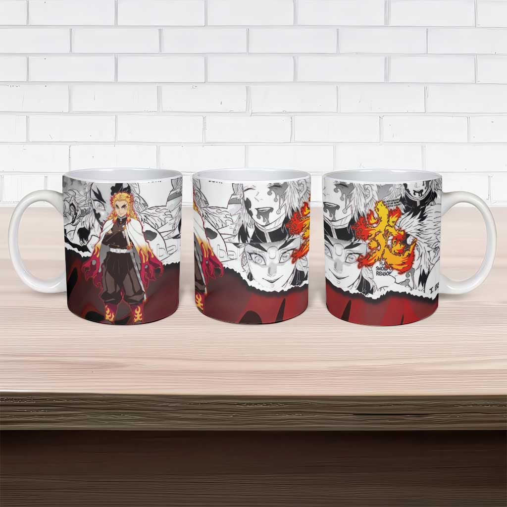 Kyojuro Rengoku Demon Slayer Flame Hashira Design Ceramic Mug with Manga Panels and Fiery Sword Artwork - The Mazicc