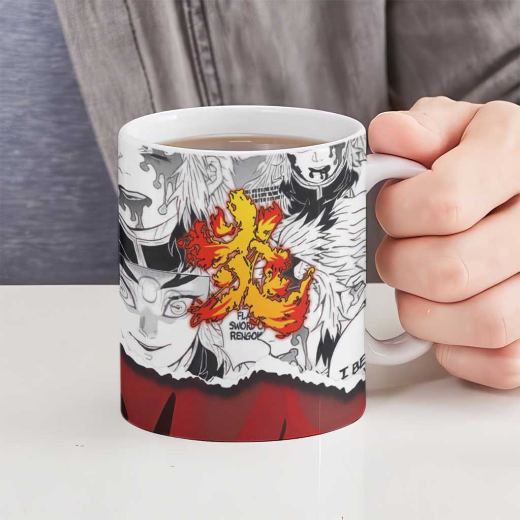 Kyojuro Rengoku Demon Slayer Flame Hashira Design Ceramic Mug with Manga Panels and Fiery Sword Artwork - The Mazicc