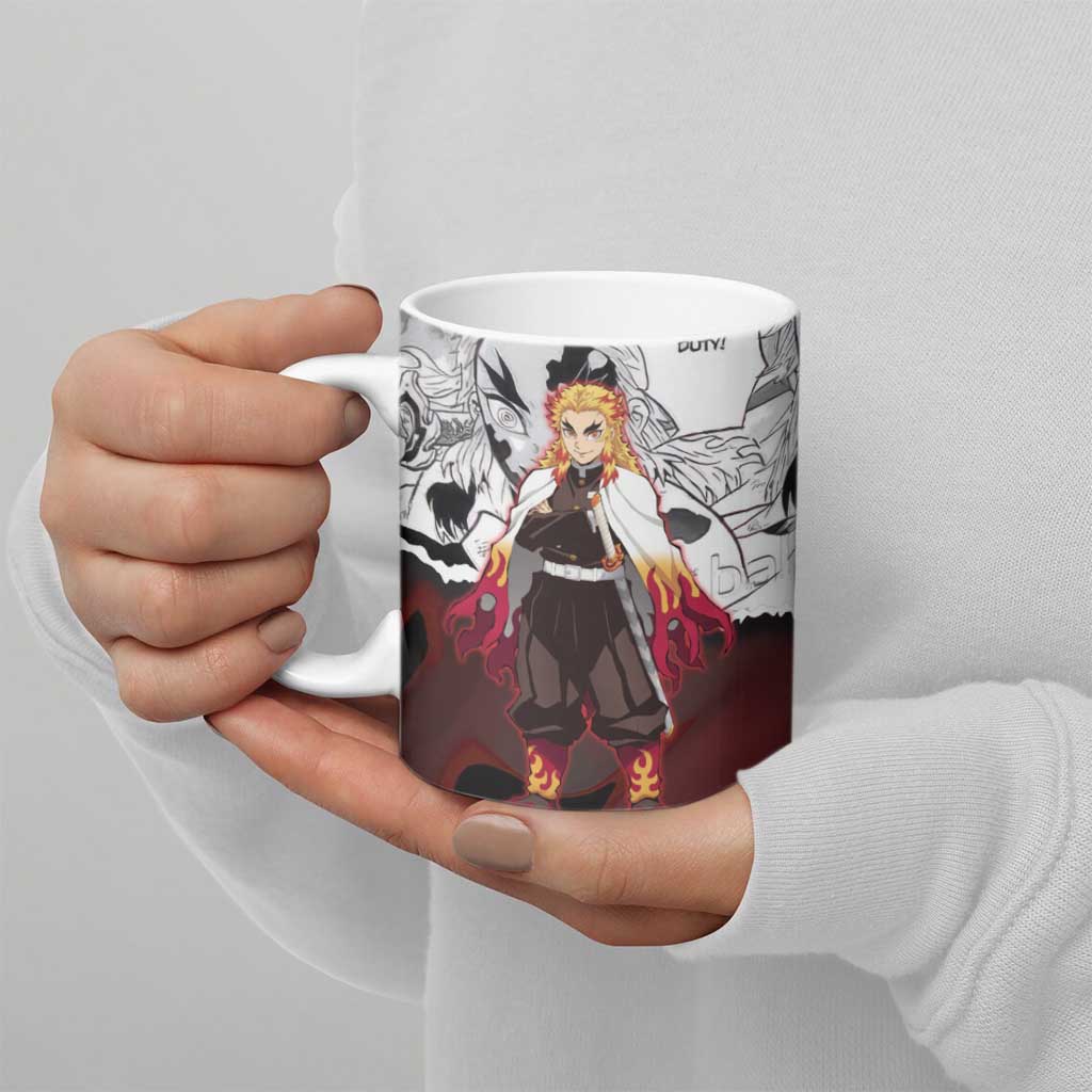 Kyojuro Rengoku Demon Slayer Flame Hashira Design Ceramic Mug with Manga Panels and Fiery Sword Artwork - The Mazicc