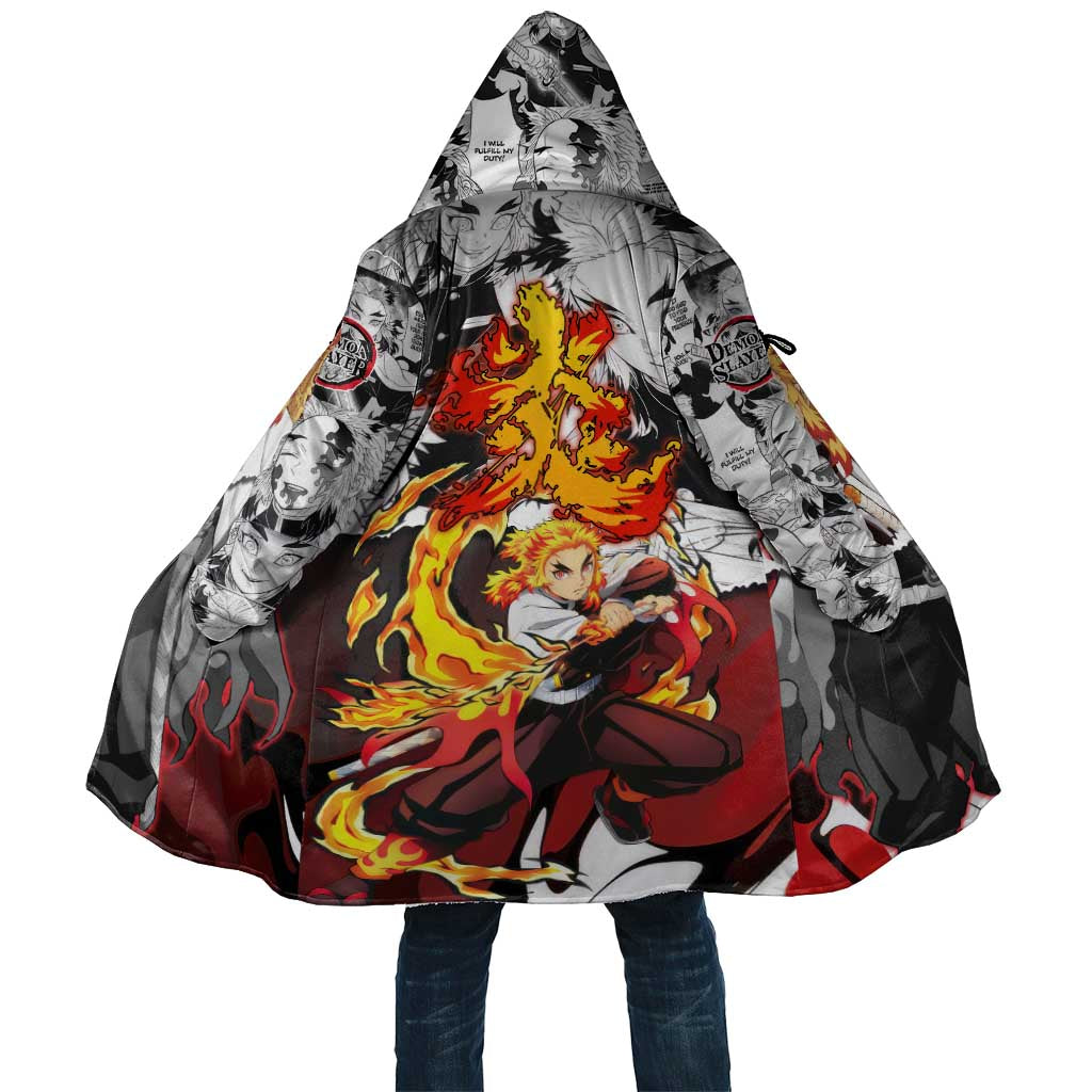 Kyojuro Rengoku Demon Slayer Flame Hashira Design Cloak with Manga Panels and Fiery Sword Artwork - The Mazicc