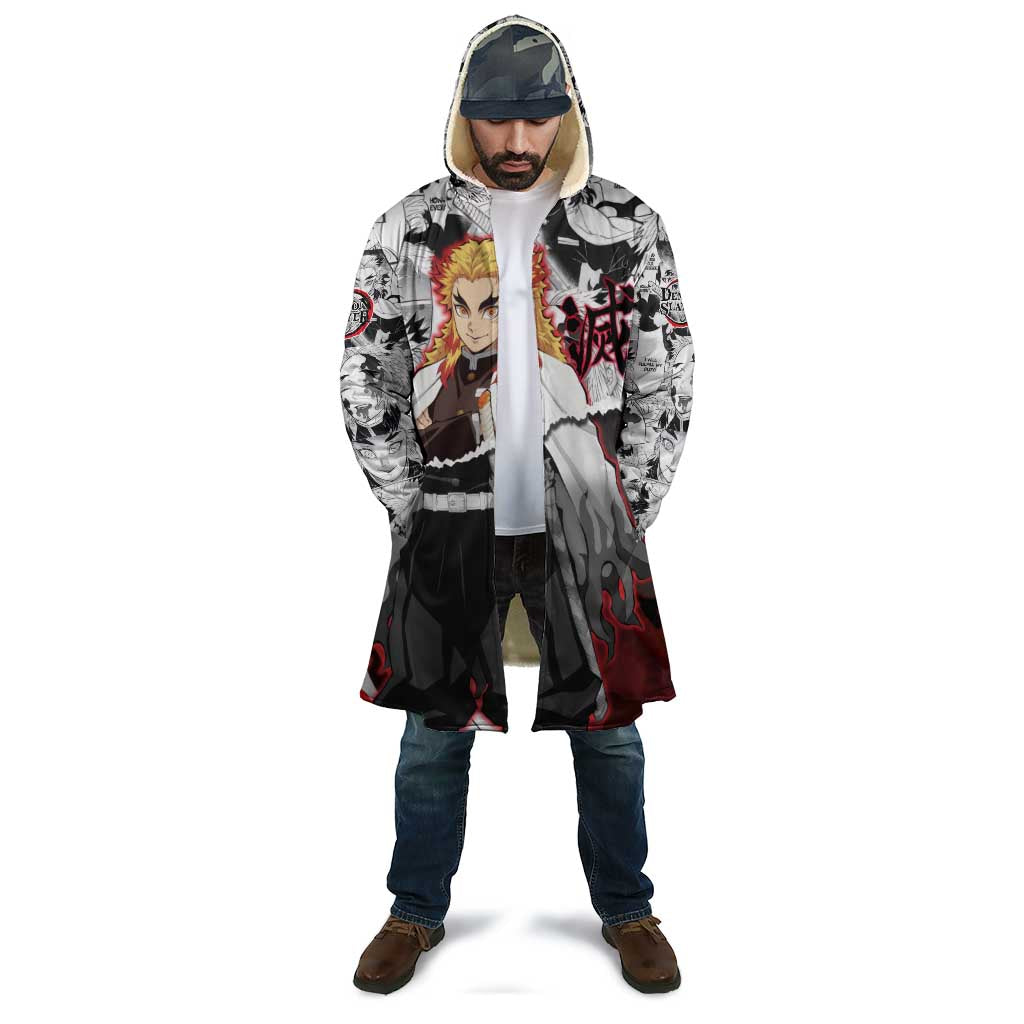 Kyojuro Rengoku Demon Slayer Flame Hashira Design Cloak with Manga Panels and Fiery Sword Artwork - The Mazicc