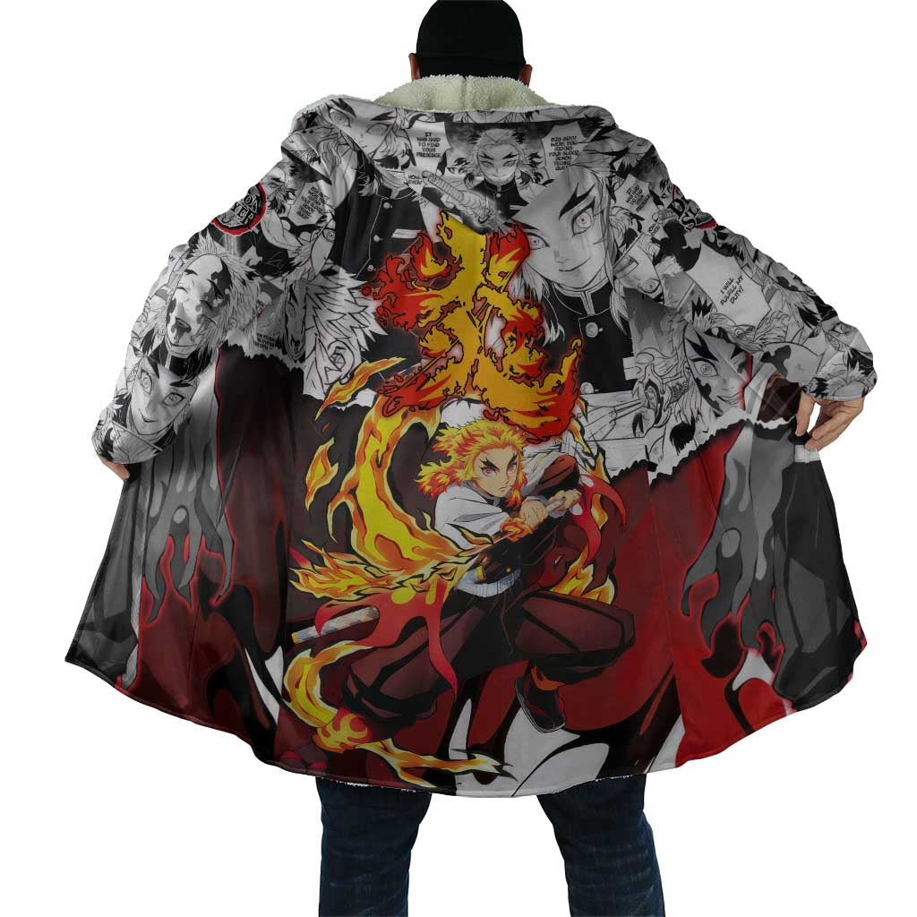 Kyojuro Rengoku Demon Slayer Flame Hashira Design Cloak with Manga Panels and Fiery Sword Artwork - The Mazicc