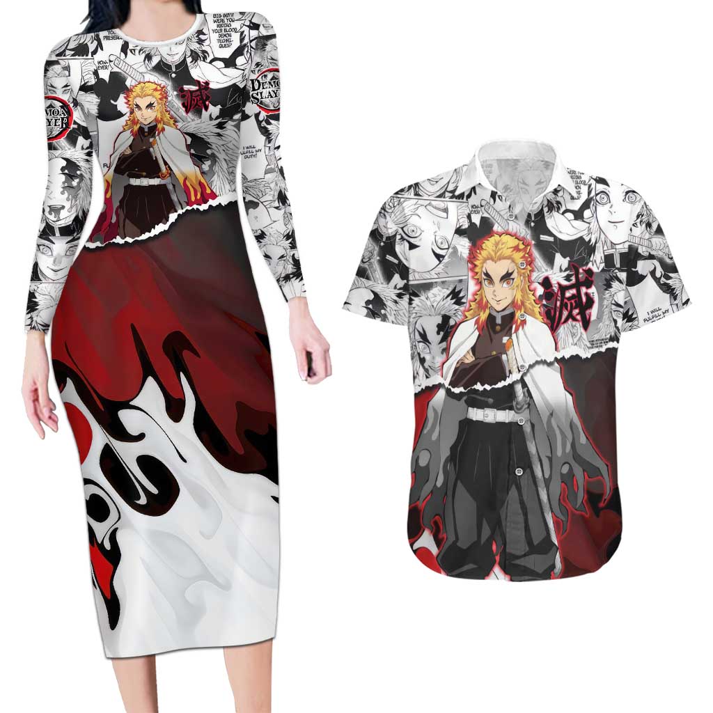 Kyojuro Rengoku Demon Slayer Flame Hashira Design Couples Matching Long Sleeve Bodycon Dress and Hawaiian Shirt with Manga Panels and Fiery Sword Artwork - The Mazicc