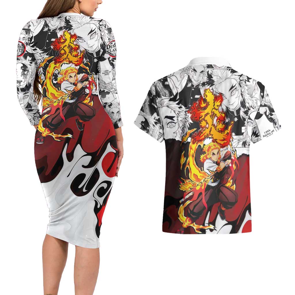 Kyojuro Rengoku Demon Slayer Flame Hashira Design Couples Matching Long Sleeve Bodycon Dress and Hawaiian Shirt with Manga Panels and Fiery Sword Artwork - The Mazicc