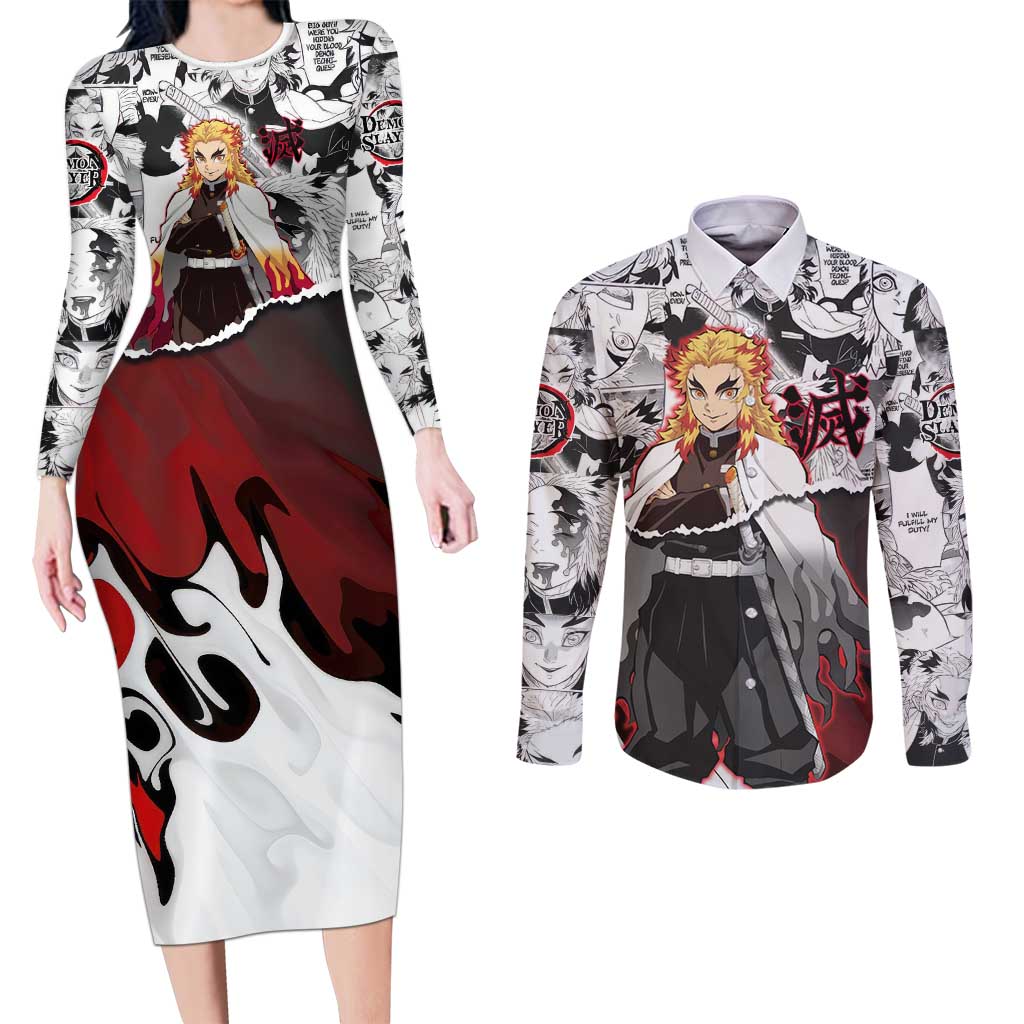 Kyojuro Rengoku Demon Slayer Flame Hashira Design Couples Matching Long Sleeve Bodycon Dress and Long Sleeve Button Shirt with Manga Panels and Fiery Sword Artwork - The Mazicc